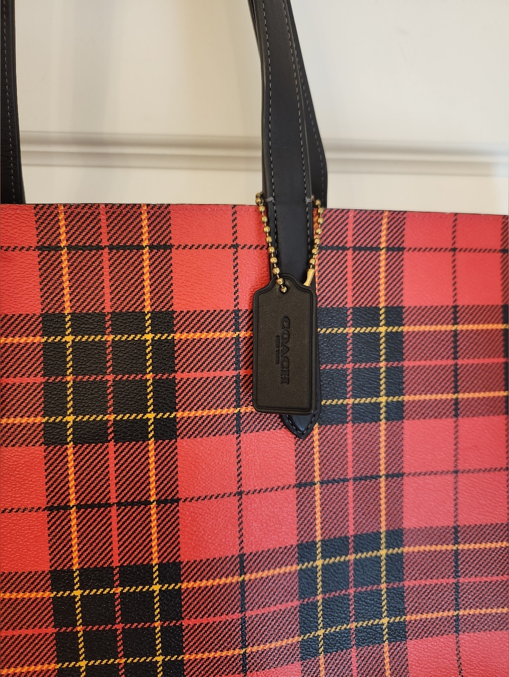 Coach Highline Plaid Print Coated Canvas Tote Bag Red Black - Picture 3 of 12